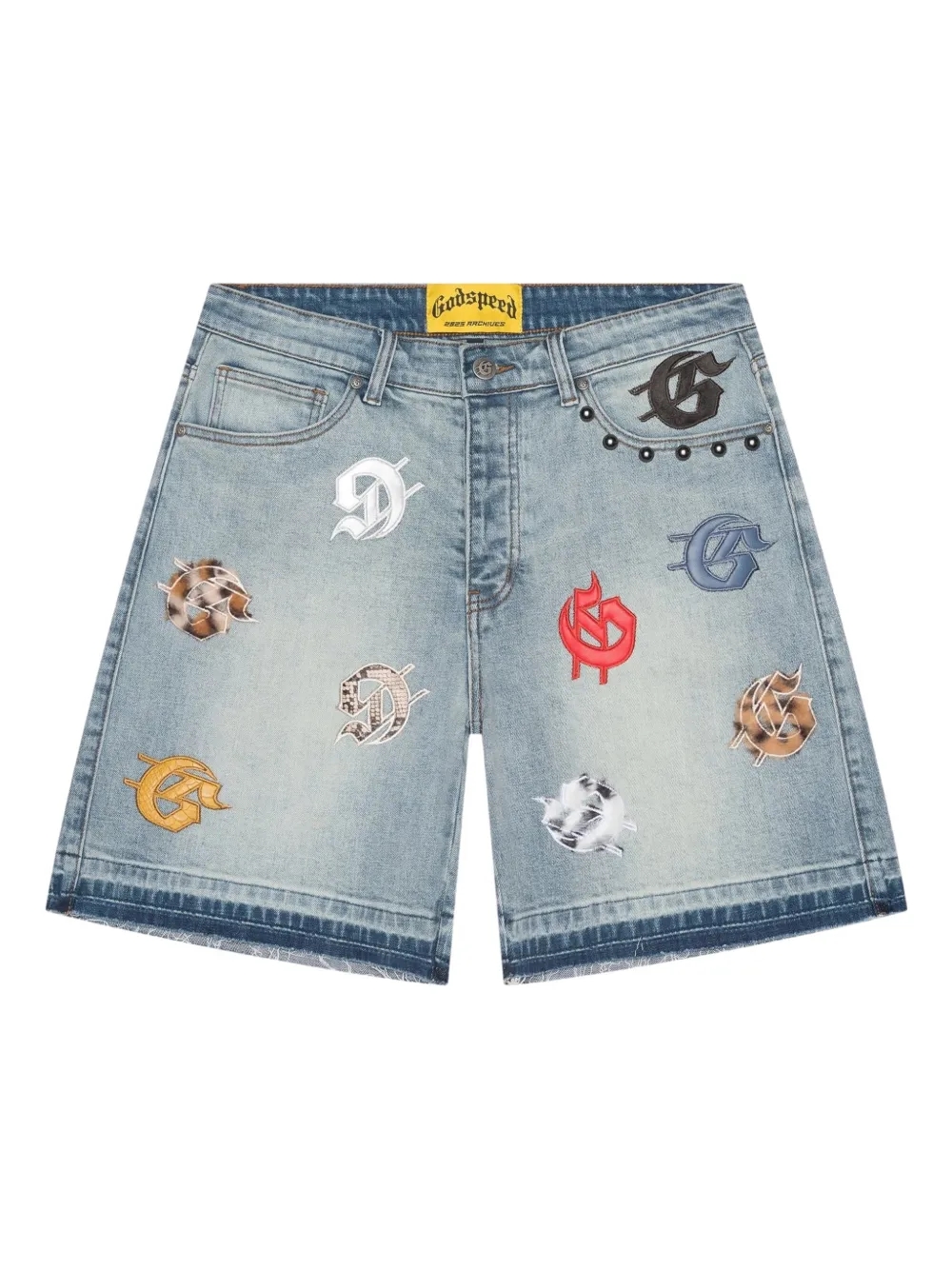 GODSPEED Infinity embellished denim shorts front view